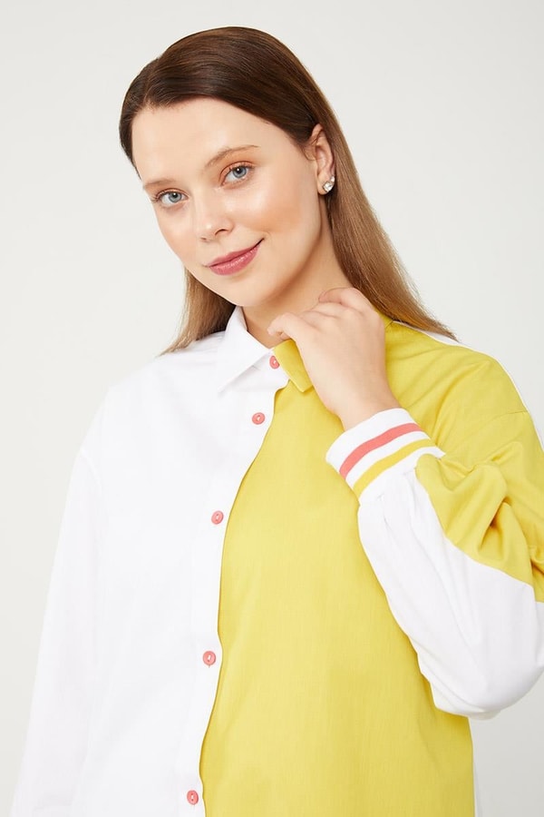 Ekru-Yeşil Çift Renk Ribanalı Poplin Gömlek