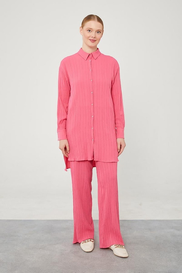 Fuşya Taşlı Düğme Detaylı Gömlek Takım