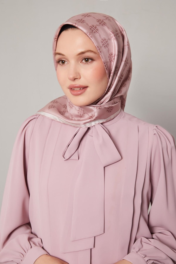 Açık Pembe Mini Yonca Desen Twill İpek Eşarp
