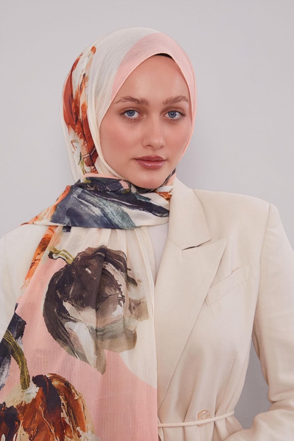 Açık Gri Lale Desen Pamuk Şal