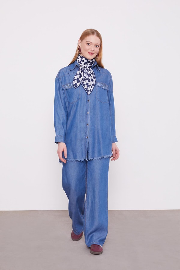 Açık Mavi Cep Taşlı Denim İkili Takım