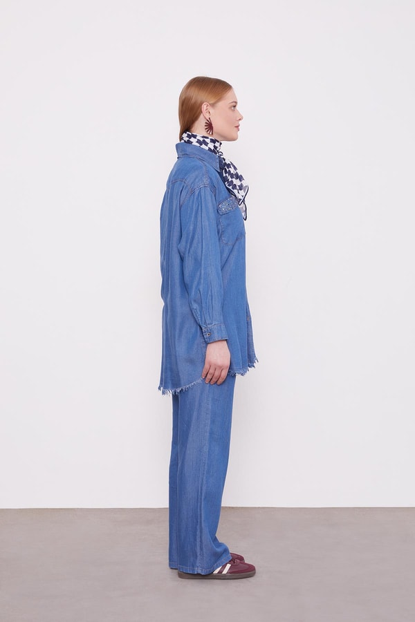 Açık Mavi Cep Taşlı Denim İkili Takım