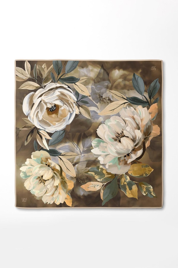 A.Kahve Çiçek Desenli Twill İpek Eşarp