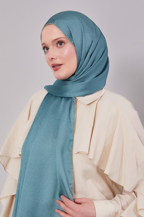 A.Yeşil Yanları Taş Detaylı Kristal Yoryo Şal