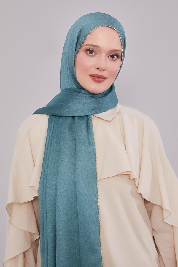 A.Yeşil Yanları Taş Detaylı Kristal Yoryo Şal