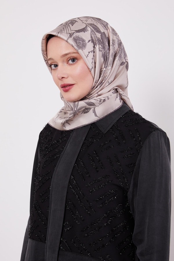 Açık Kahve Soyut Gül Desen Twill İpek Eşarp