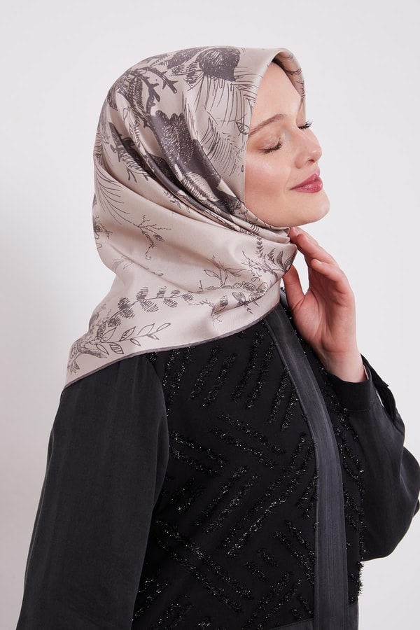 Açık Kahve Soyut Gül Desen Twill İpek Eşarp