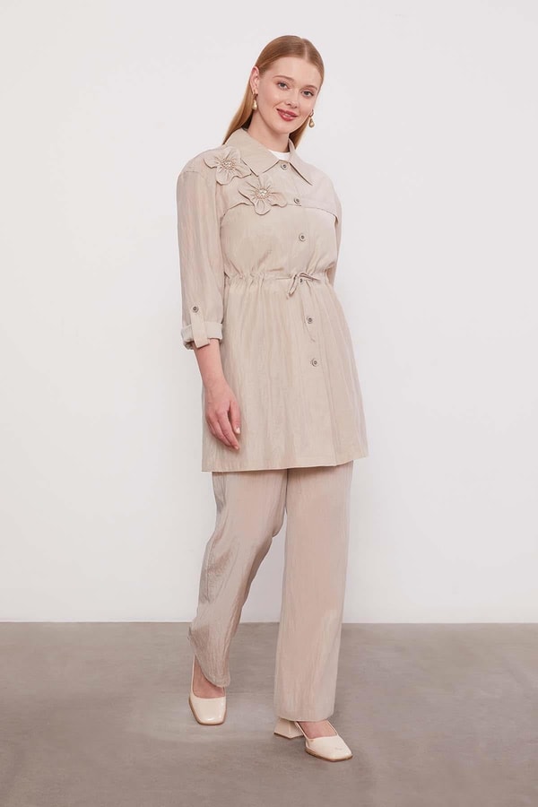 Açık Pudra İşleme Omuz Detaylı Cupra İkili Takım