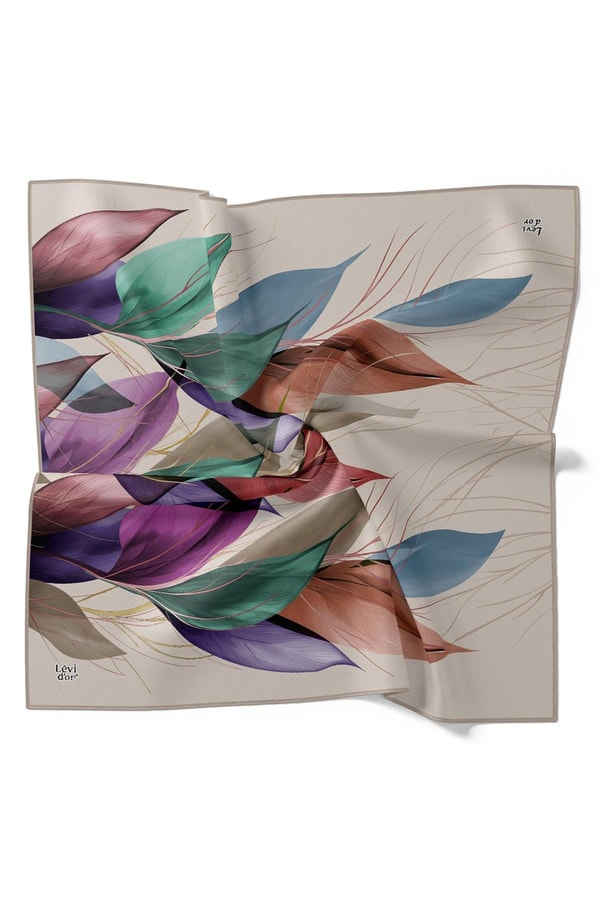 Açık Vizon İnce Yaprak Desen Twill İpek Eşarp