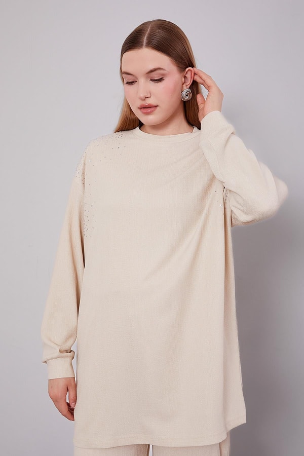 Açık Bej Omzu Taş İşlemeli İkili Takım