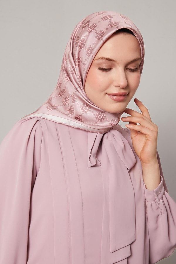 Açık Pembe Mini Yonca Desen Twill İpek Eşarp