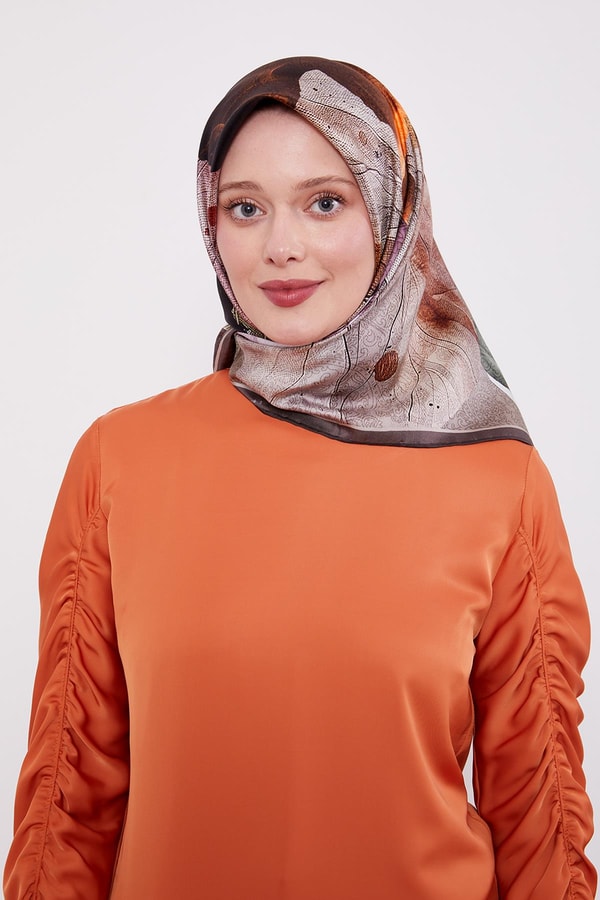 Acı Kahve Soyut Ebruli Desen Twill İpek Eşarp