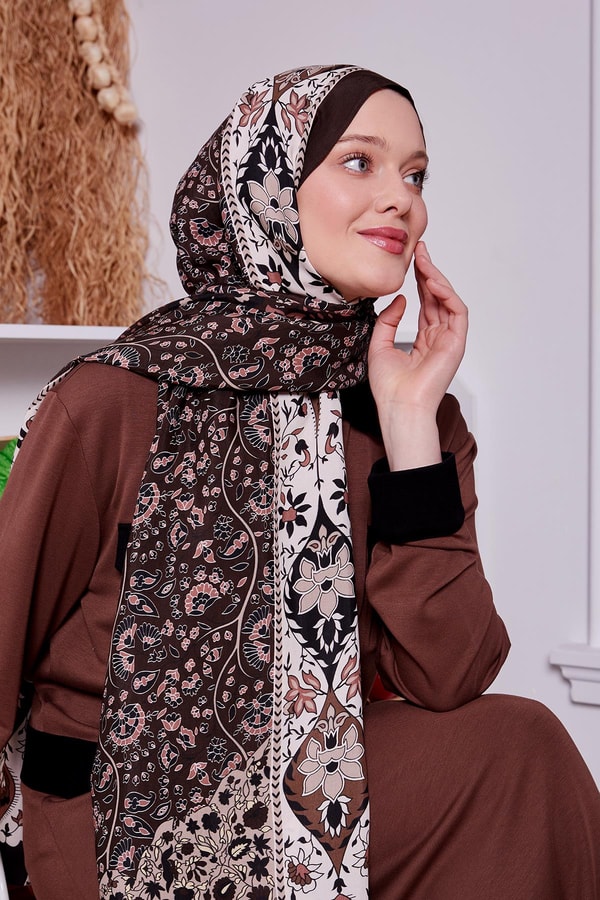 Acı Kahve Kenar Motif Desen Royal Şal