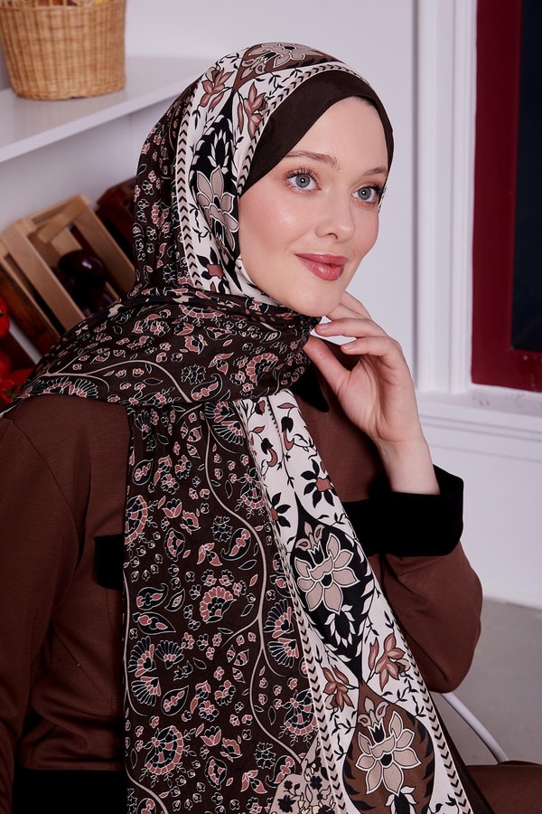 Acı Kahve Kenar Motif Desen Royal Şal