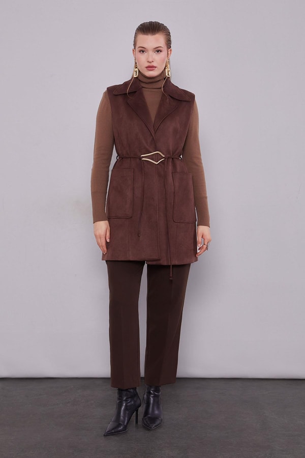 Acı Kahve Süet Kemer Detaylı Yelek