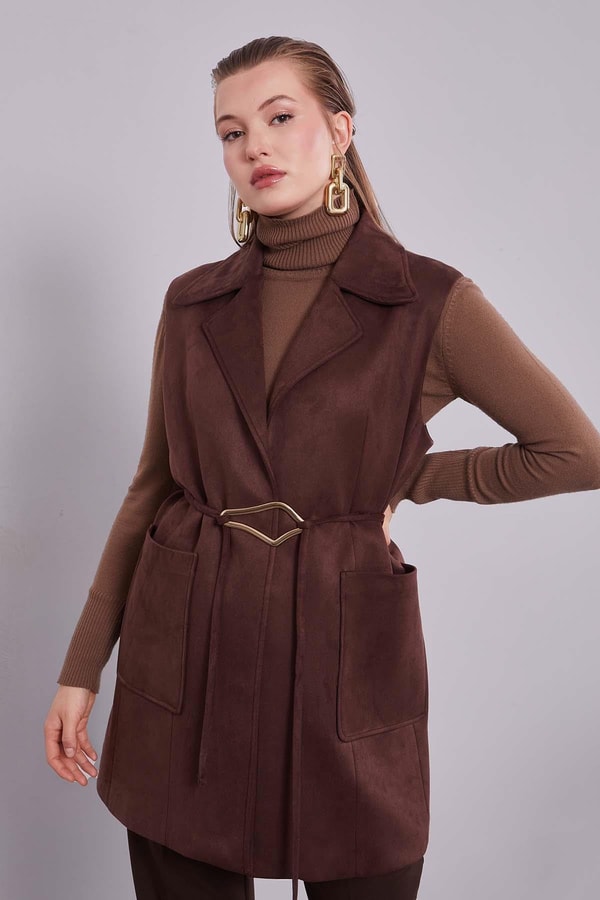 Acı Kahve Süet Kemer Detaylı Yelek