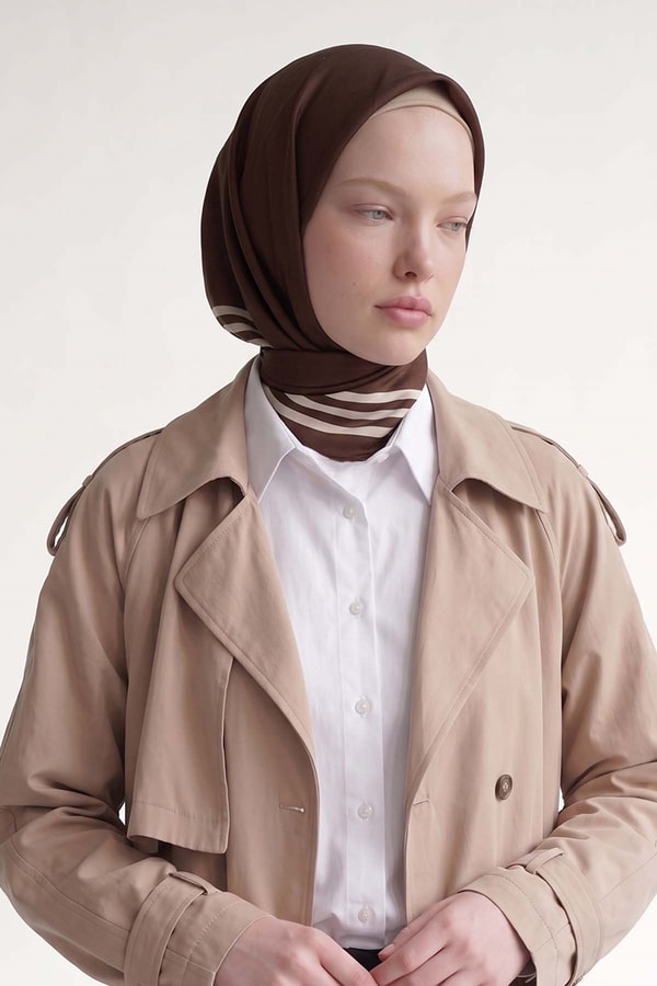 Acı Kahve Üç Çizgi Detaylı Twill İpek Eşarp