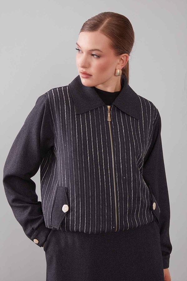 Antrasit Dikey Çizgi Detaylı Etek Takım