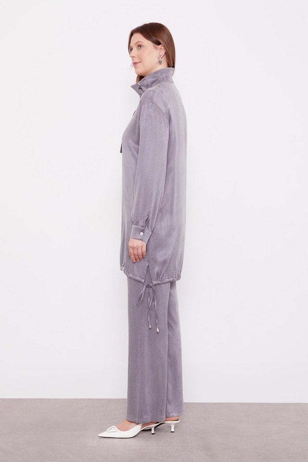 Antrasit Dik Yaka Düğme Detaylı Cupra İkili Takım