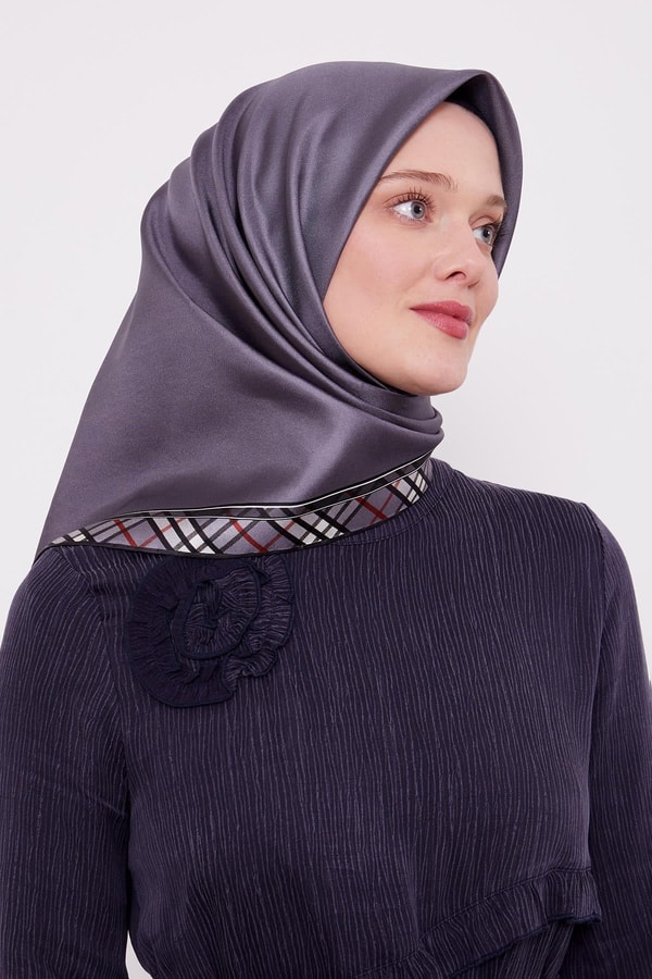 Antrasit Ekose Kenar Twill İpek Eşarp
