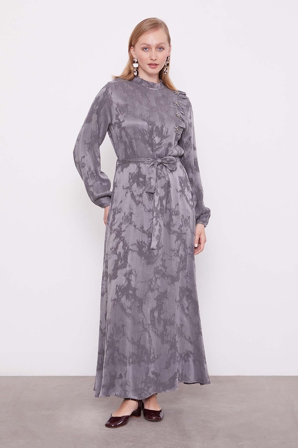 Antrasit Fırfır Detaylı Cupra Elbise