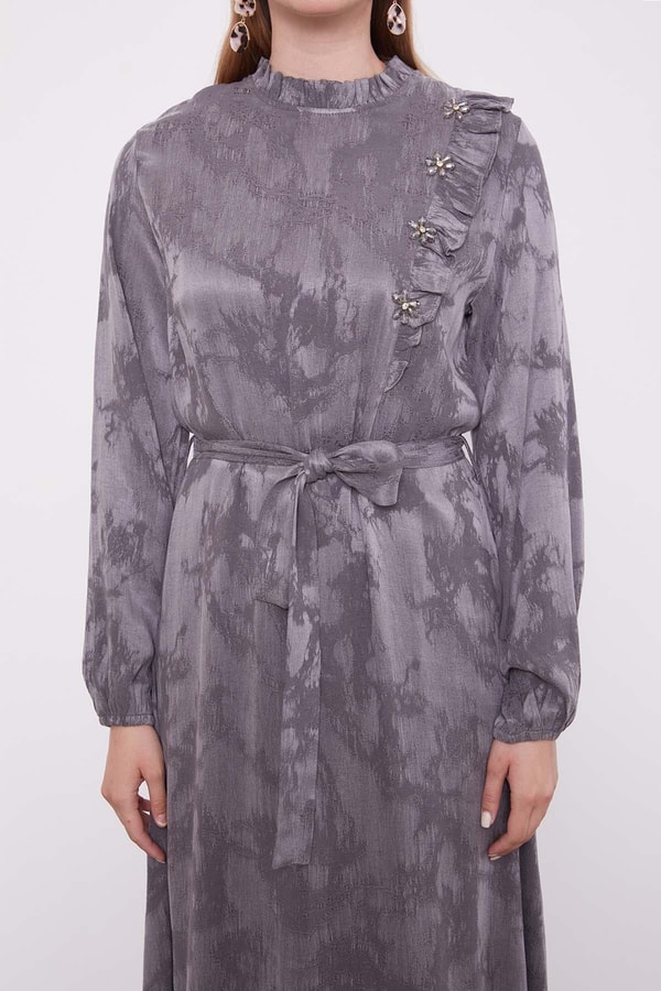 Antrasit Fırfır Detaylı Cupra Elbise