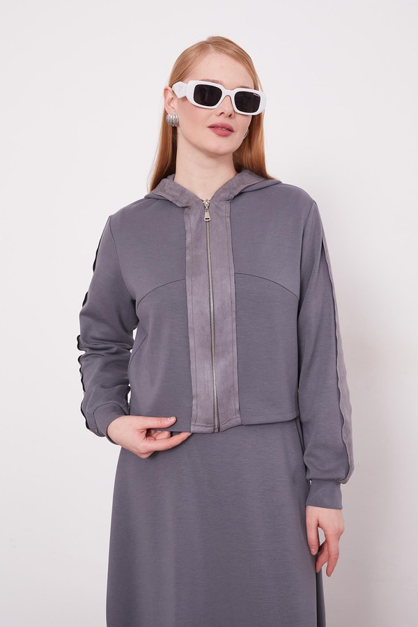 Antrasit Kısa Hırkalı Fermuar Kapamalı Etek Takım