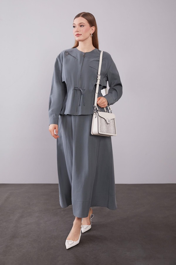 Antrasit Omuz Fermuar Detaylı Etek Takım