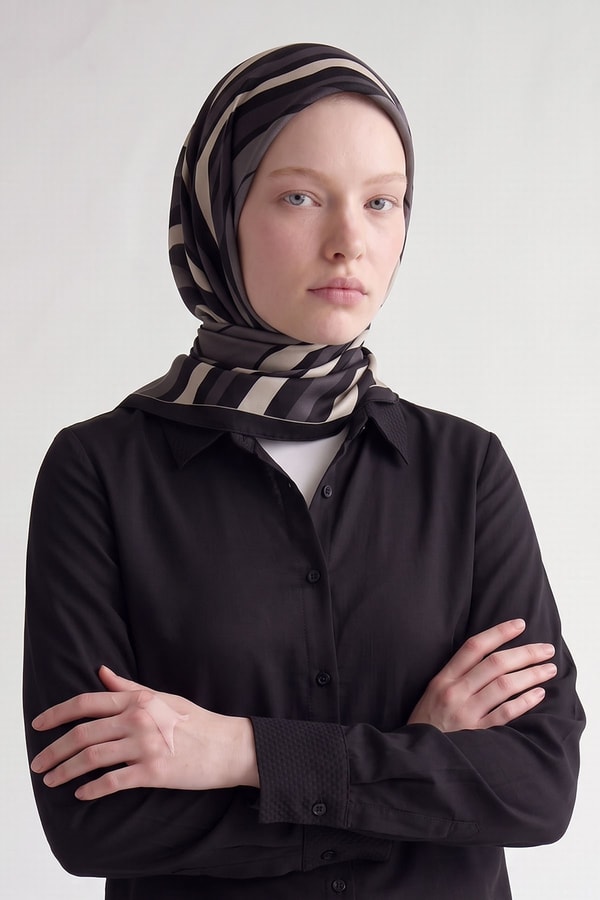 Antrasit Şerit Detaylı Twill İpek Eşarp