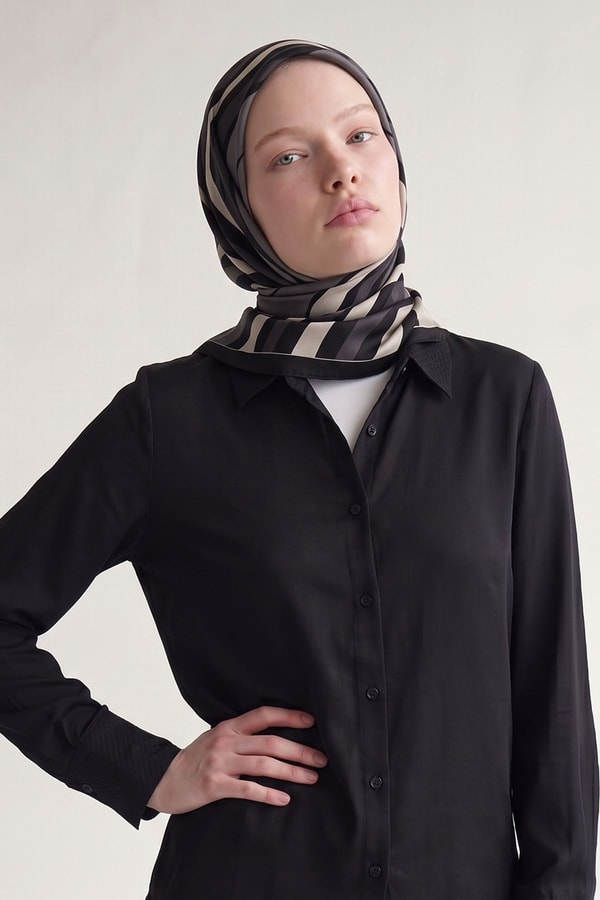 Antrasit Şerit Detaylı Twill İpek Eşarp