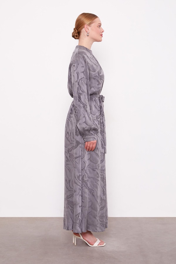 Antrasit Yakası Taş Detaylı Cupra Elbise