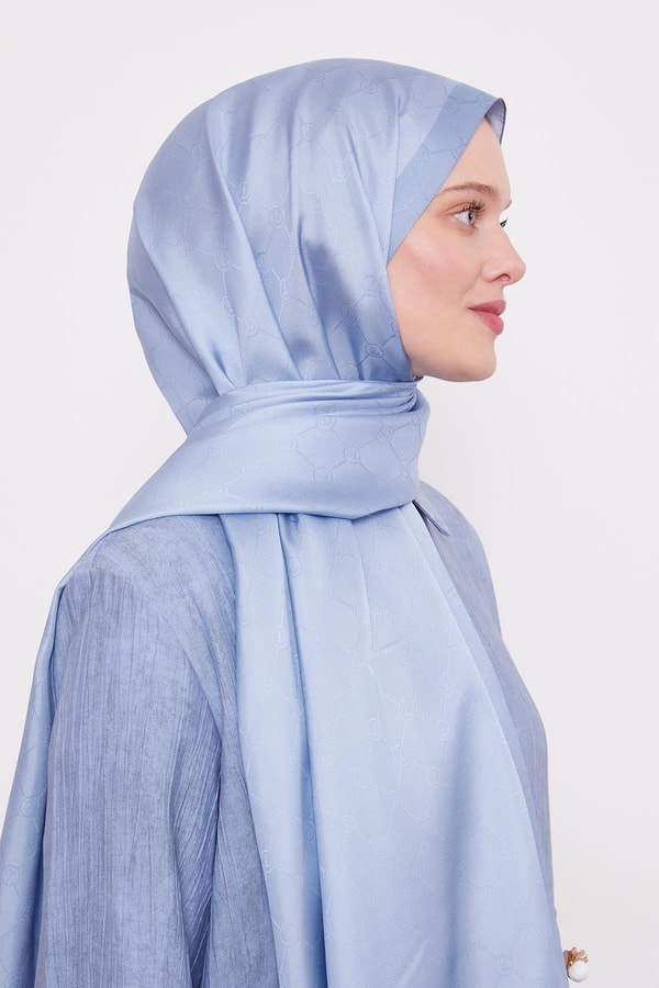 Bebe Mavisi Petek Desen Monogram İpek Şal