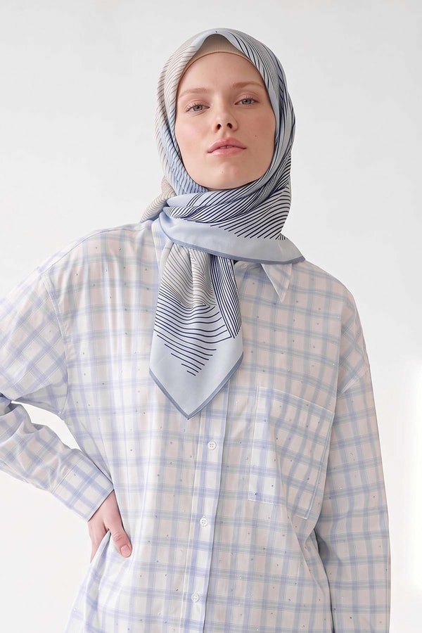 Bebe Mavisi Sarmal Çizgili Twill İpek Eşarp