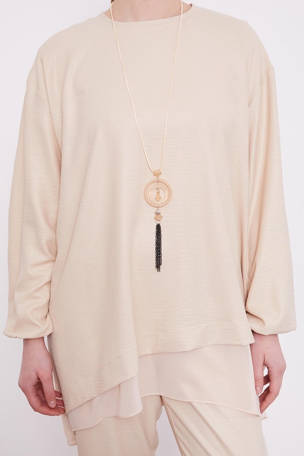 Bej Asimetrik Kesim Şifon Tunik Takım