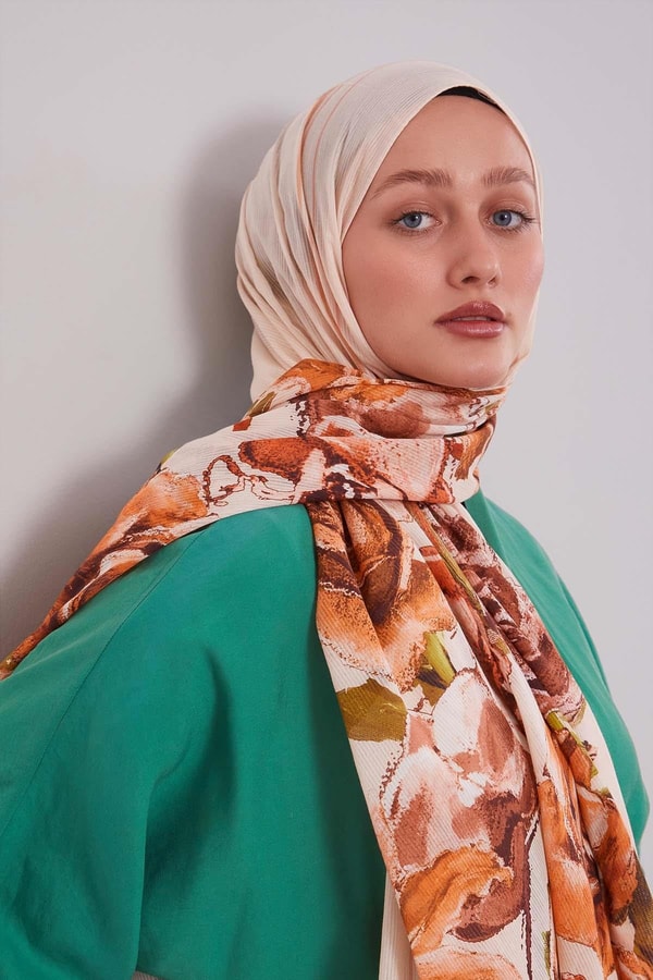 Bej Gül Desen Pamuk Şal