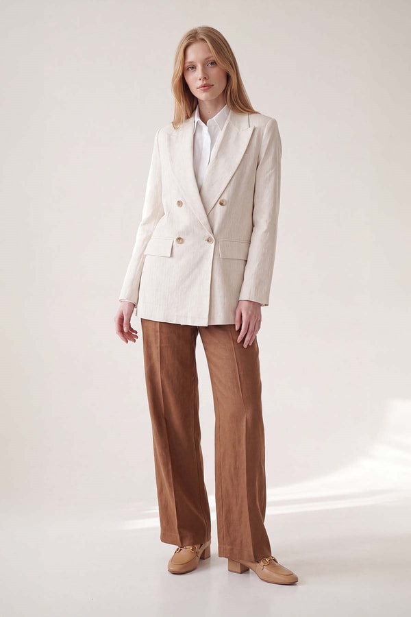 Bej Keten Blazer Ceket