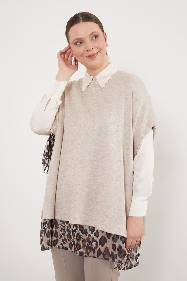Leopar Tül Detaylı Tunik Bej