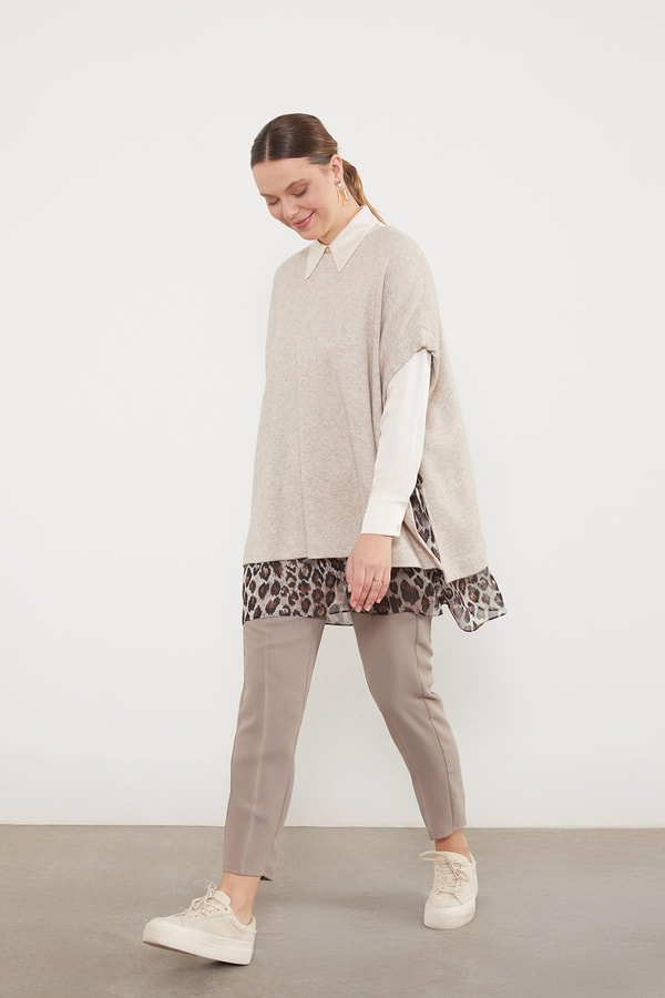 Leopar Tül Detaylı Tunik Bej