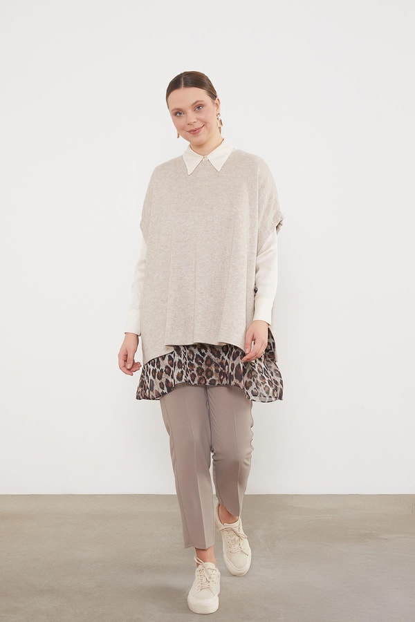 Leopar Tül Detaylı Tunik Bej