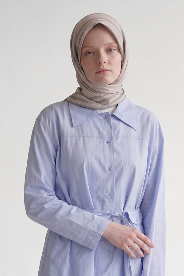 Bej Üç Çizgi Detaylı Twill İpek Eşarp