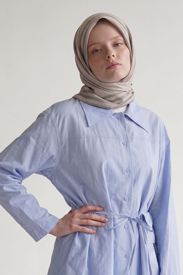 Bej Üç Çizgi Detaylı Twill İpek Eşarp