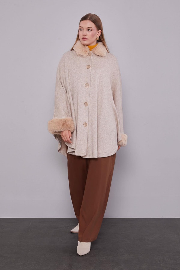 Bej ürk Detaylı Kaşmir Panço