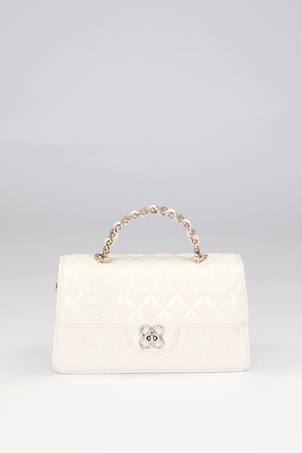 Beyaz Gül Baskılı El Çantası