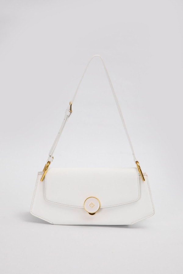 Beyaz Oval Gold Aksesuarlı Omuz Çantası