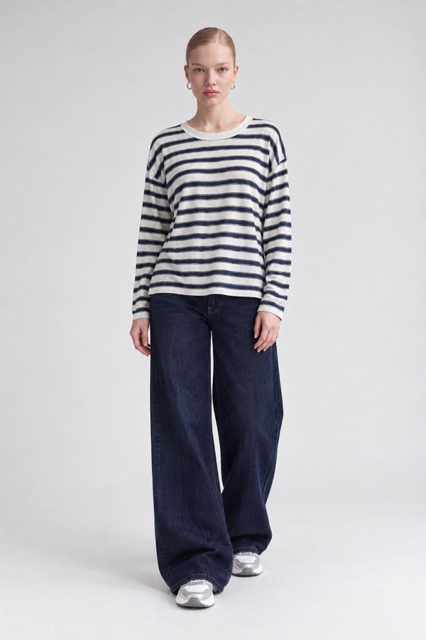 Bisiklet Yaka Oversize Sweatshirt Mavi-Beyaz