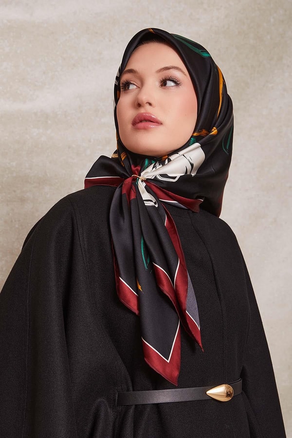 Çiçek Desen Twill İpek Eşarp Bordo