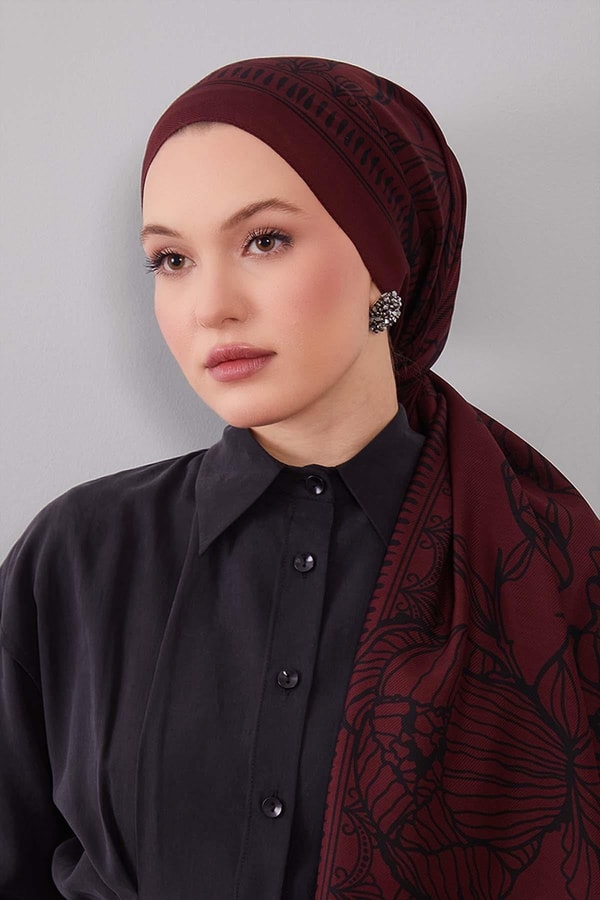 Bordo Çiçek Desenli Yün İpek Şal