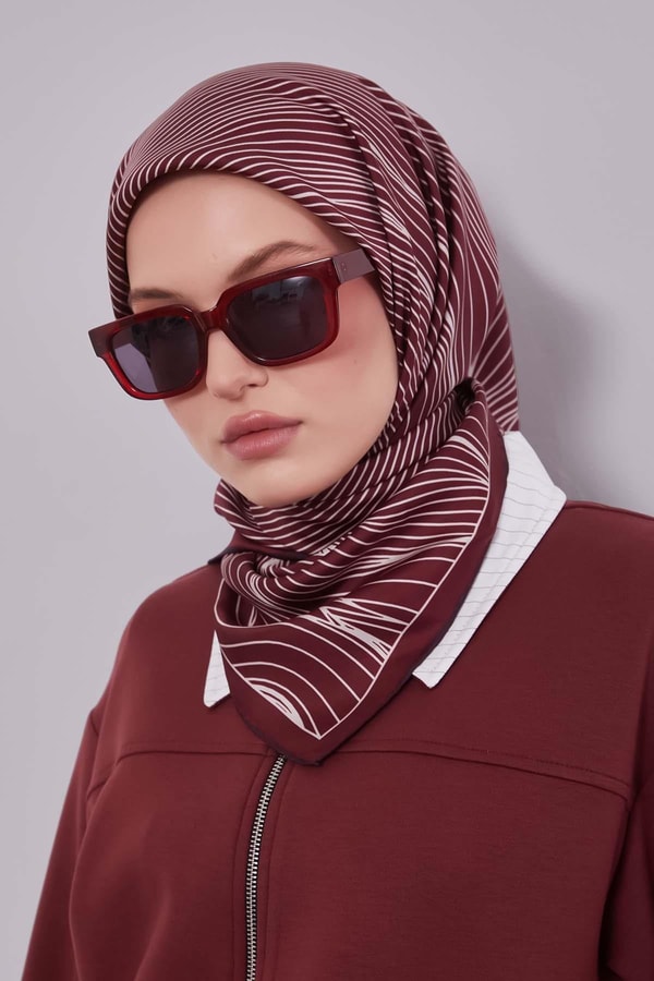 Bordo Çizgili Model Twill İpek Eşarp