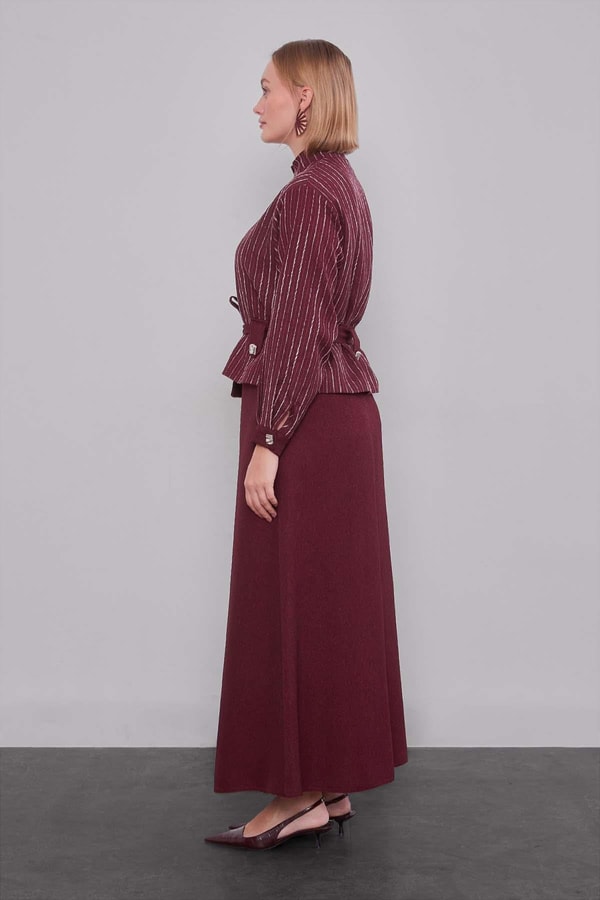 Bordo Çizgili Desen Kuşaklı Etek Takım