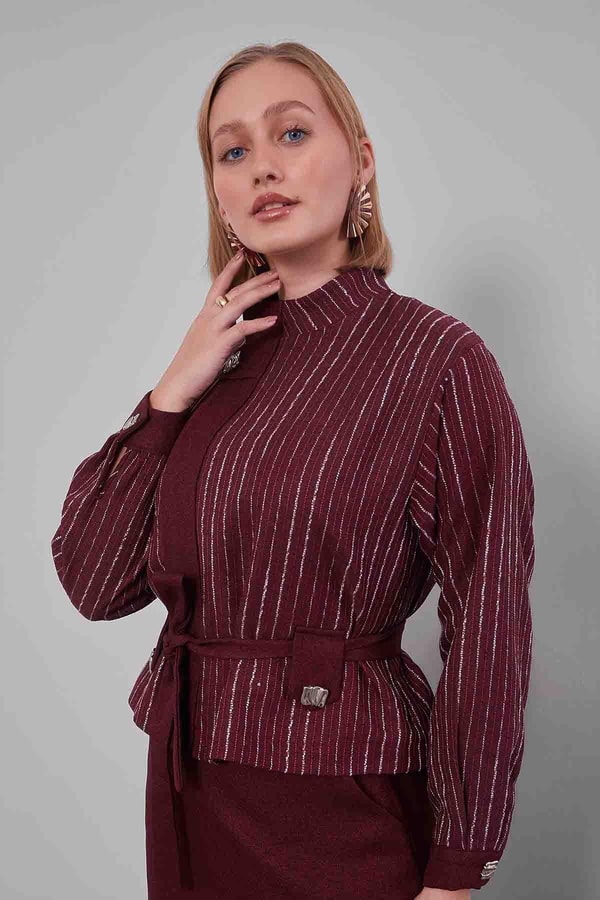Bordo Çizgili Desen Kuşaklı Etek Takım